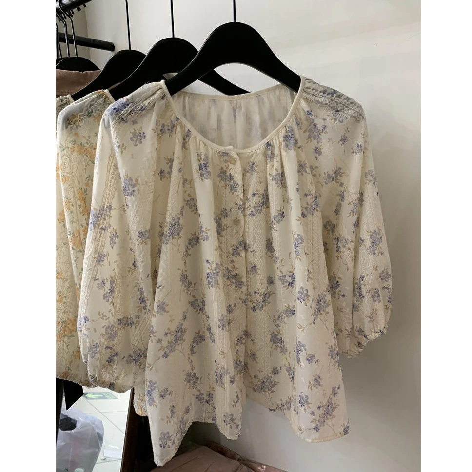 法式甜美泡泡袖雪纺衬衫女夏2024新款韩系减龄碎花圆领娃娃衫上衣