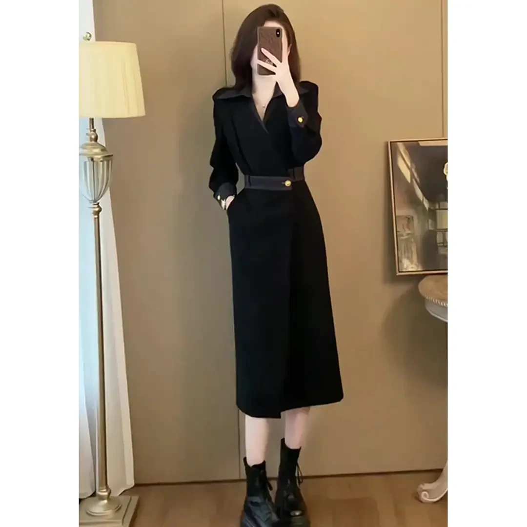 秋冬法式气质长裙高端御姐风收腰显瘦长袖连衣裙子女高级感小黑裙
