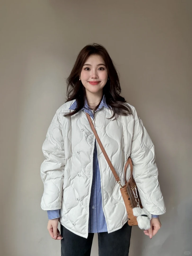 2024秋冬新款韩系穿搭小个子菱形薄款棉服外套搭配牛仔裤两件套装