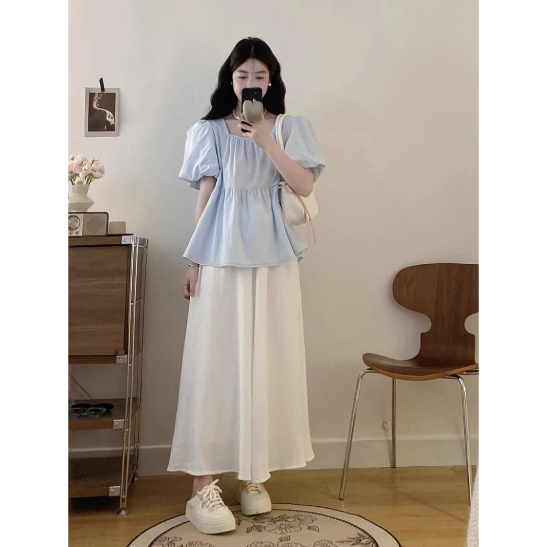 小众不撞款套装女大码胖mm方领泡泡短袖雪纺衬衫阔腿裤裙子两件套