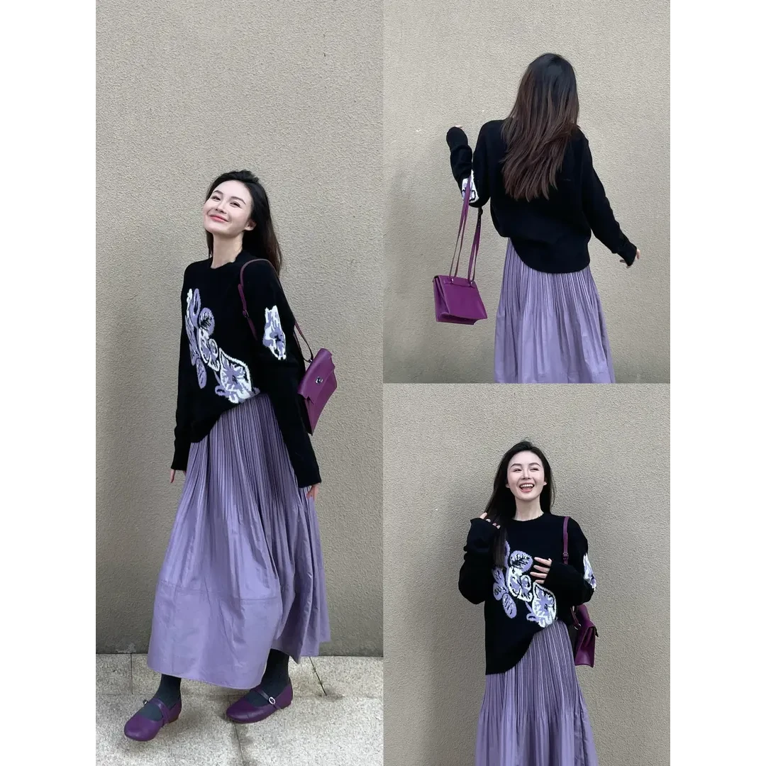 秋季一整套韩系穿搭黑色圆领套头软糯毛衣上衣女百褶半身裙套装潮