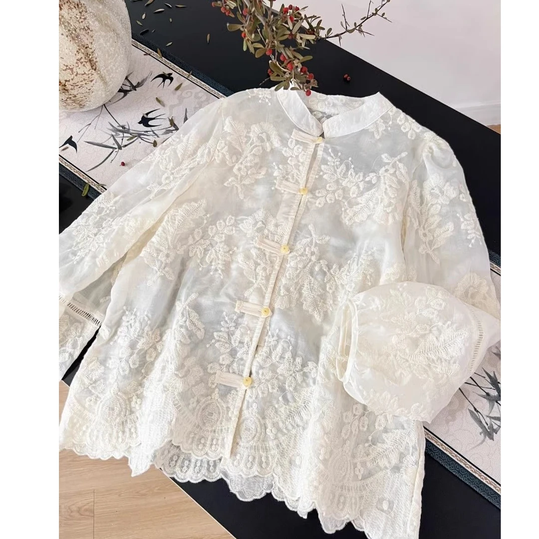 国风蕾丝盘扣新中式立领长袖衬衫女2024春夏新款刺绣气质宽松上衣