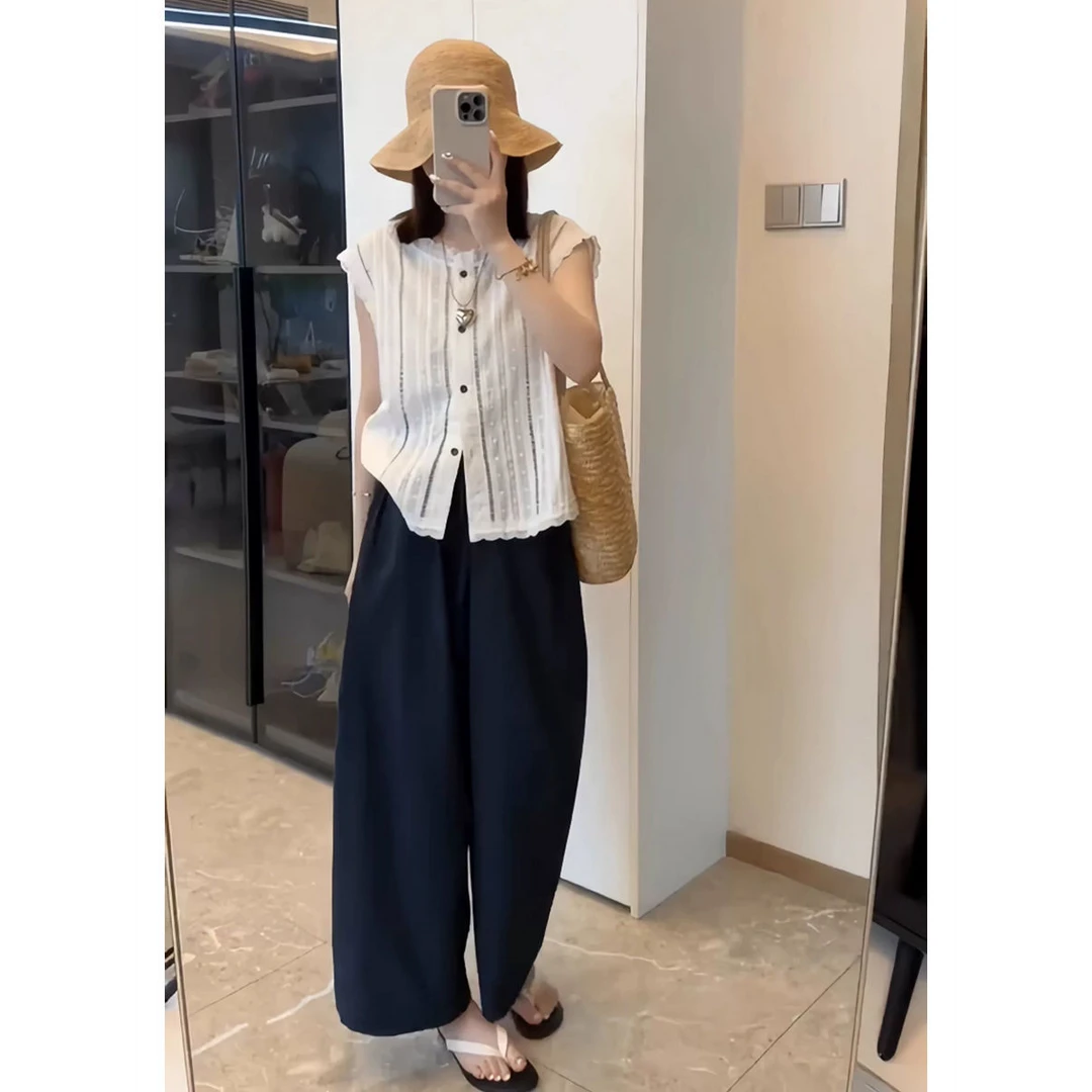 夏装搭配一整套大码胖mm刺绣无袖衬衫休闲阔腿裤时尚减龄两件套装