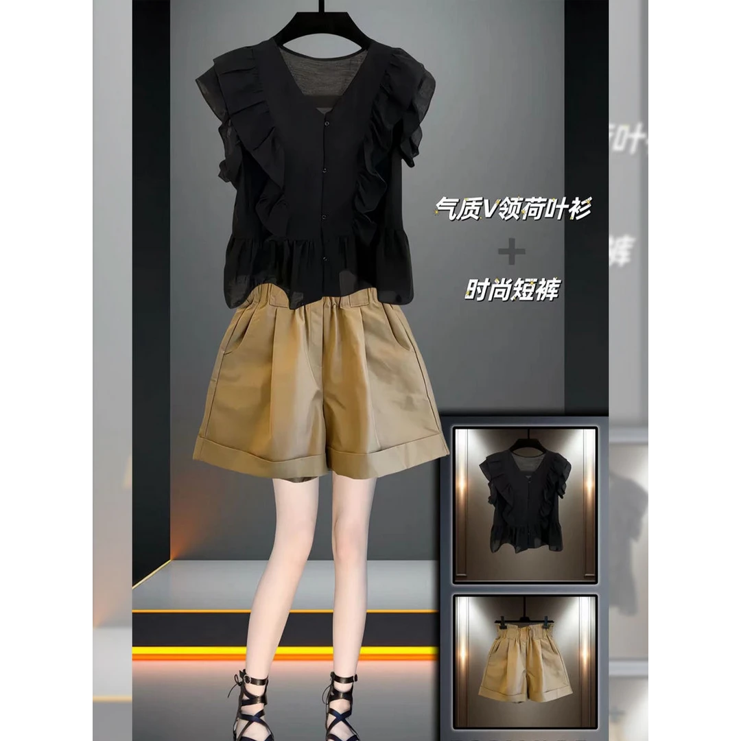 夏装搭配一整套大码胖mm遮肉显瘦上衣短裤子时尚减龄黑色两件套装