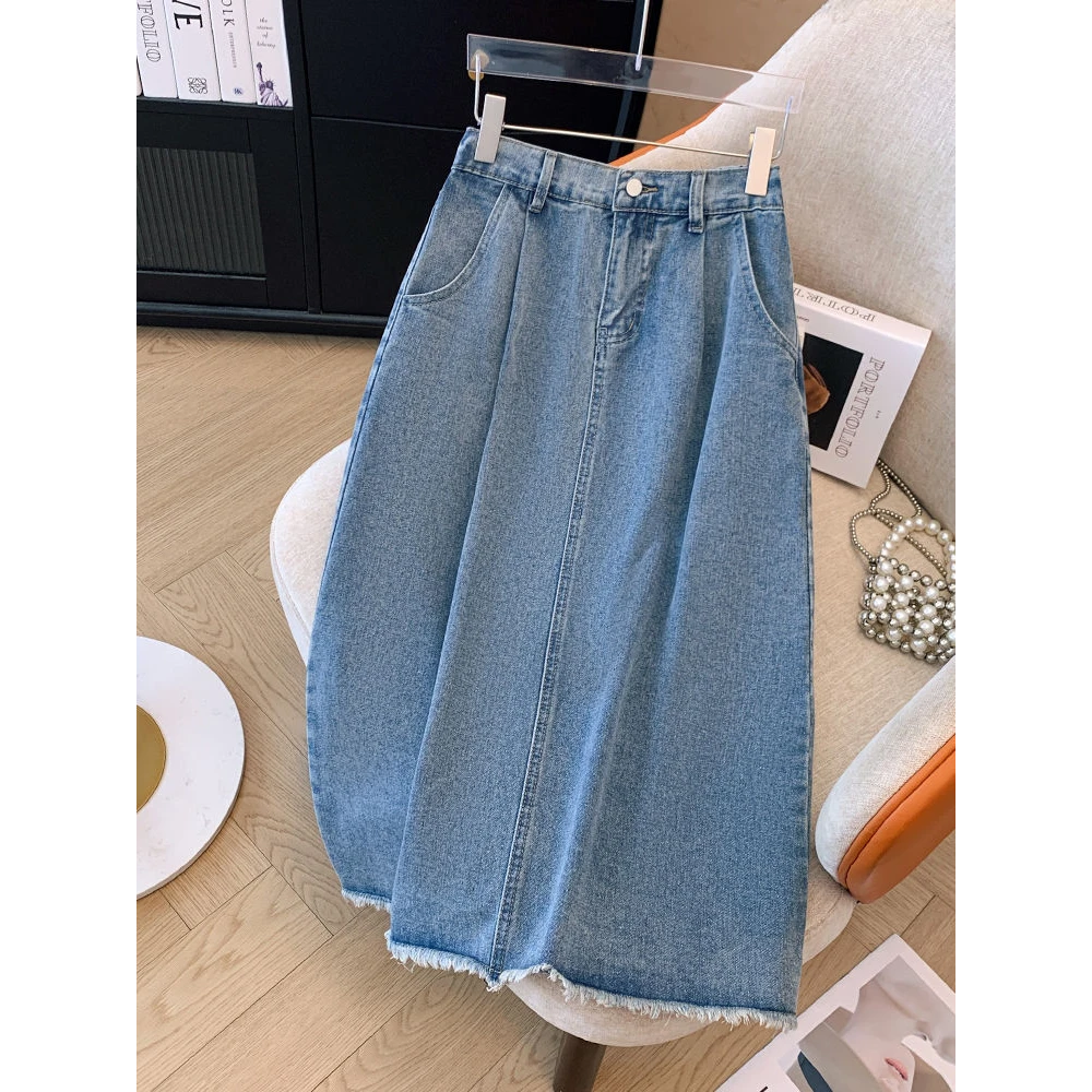 流苏毛边中长款牛仔裙女夏大码胖MM遮肉复古时尚百搭高腰半身裙子