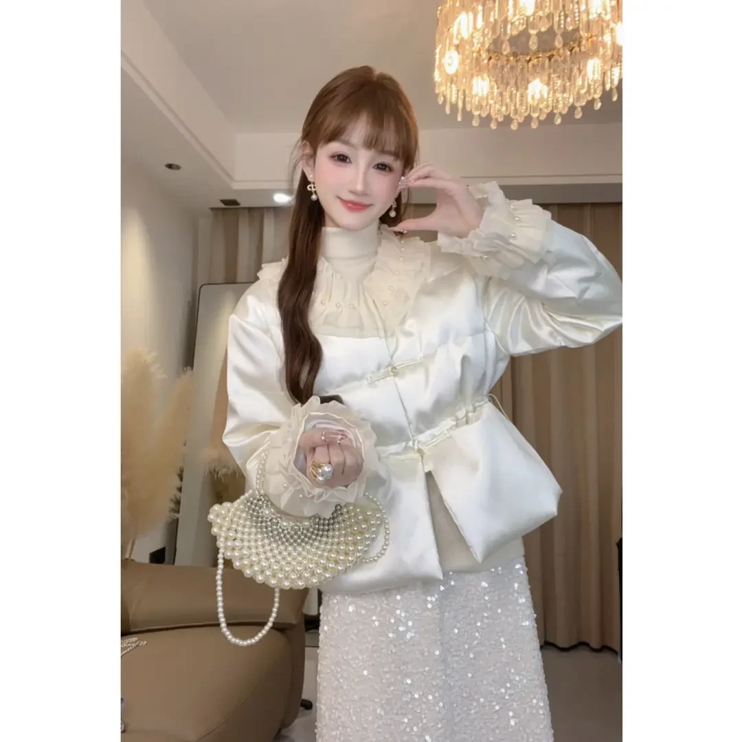 2024冬季新款新中式盘扣立体花边拼接棉服女国风收腰显瘦棉衣外套