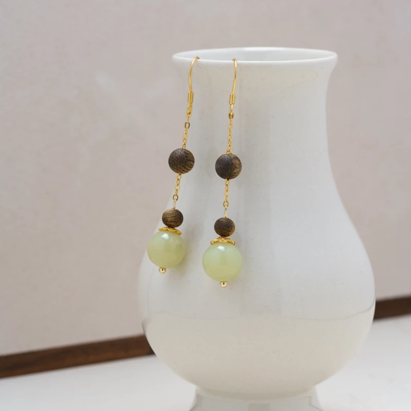 【青凰】奇楠沉香黄口和田玉耳饰