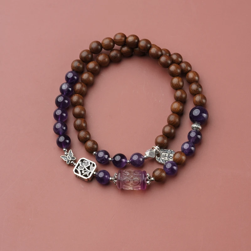 【摇紫叶】檀木6mm紫水晶老银双圈手串