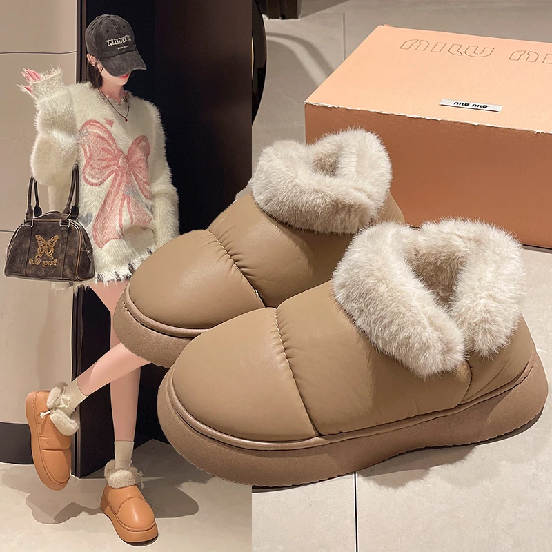 比物冬季棉拖鞋女包跟家居室内简约保暖厚底毛毛大开口外穿棉鞋