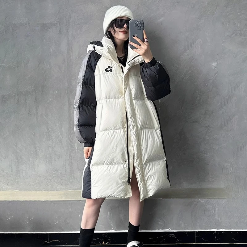 欧货潮牌撞色中长款羽绒服女2023冬季新款加厚宽松过膝面包服外套