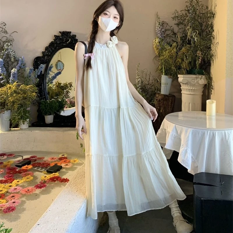 【GY的宝藏店铺】温柔风立体花朵挂脖连衣裙女 仙女裙气质显瘦 长裙