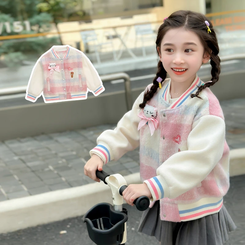 女小童毛呢外套秋款2024新款女宝宝休闲棒球服秋季小女孩卡通上衣