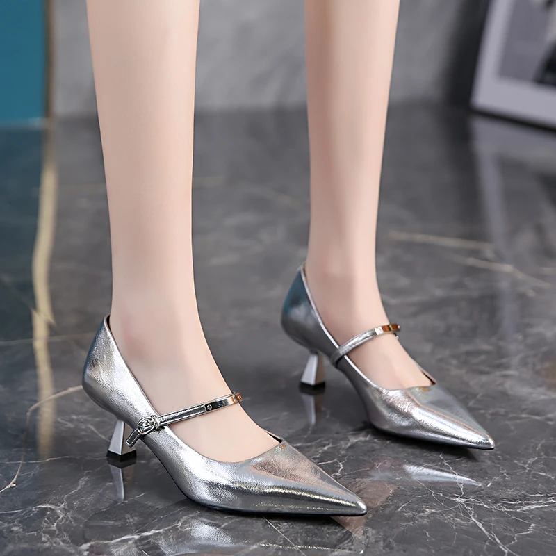 名媛细跟高跟鞋女时尚通勤新款浅口尖头单鞋气质配裙子宴会鞋6543