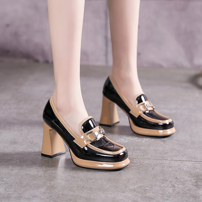 英伦漆皮方头时尚粗跟深口单鞋防水玛丽珍高跟鞋不累脚小皮鞋1115