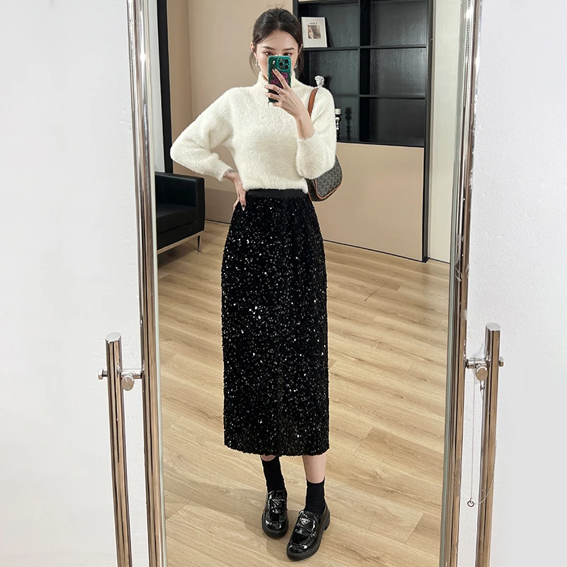 丝绒亮片半身裙女亮闪高腰开衩半裙今年流行爆款黑色2025新款