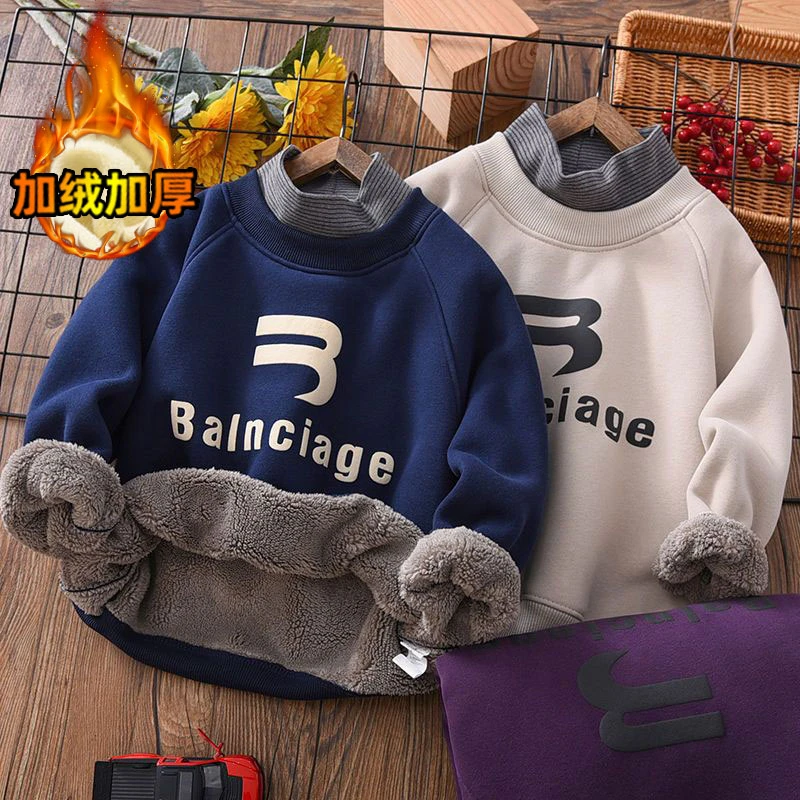 男童假两件加绒卫衣大童一体绒中领打底衫童装加厚上衣冬季新款潮