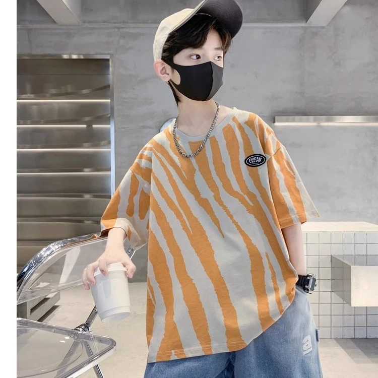 男童夏装儿童装短袖t恤男孩夏天衣服丅条纹体恤大童洋气时髦潮流