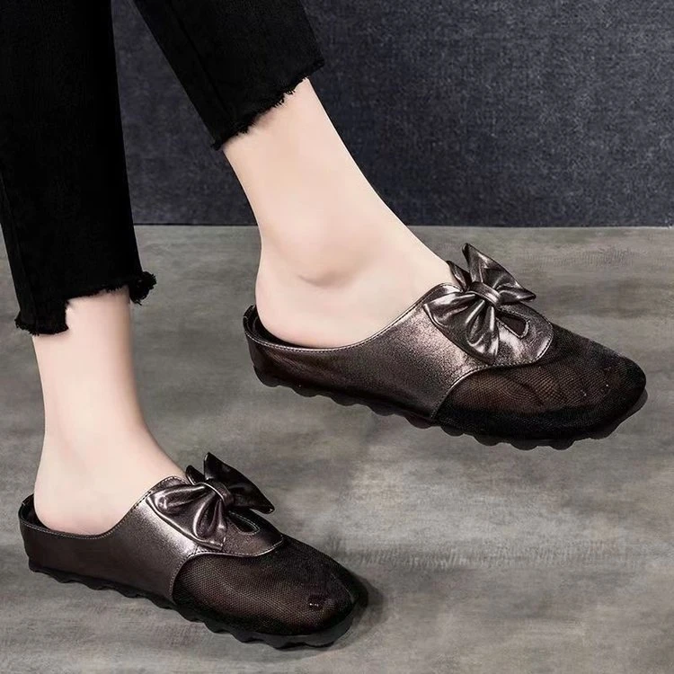 真软皮网纱透气拖鞋女2024新款蝴蝶结平底凉拖软底百搭防滑包头拖