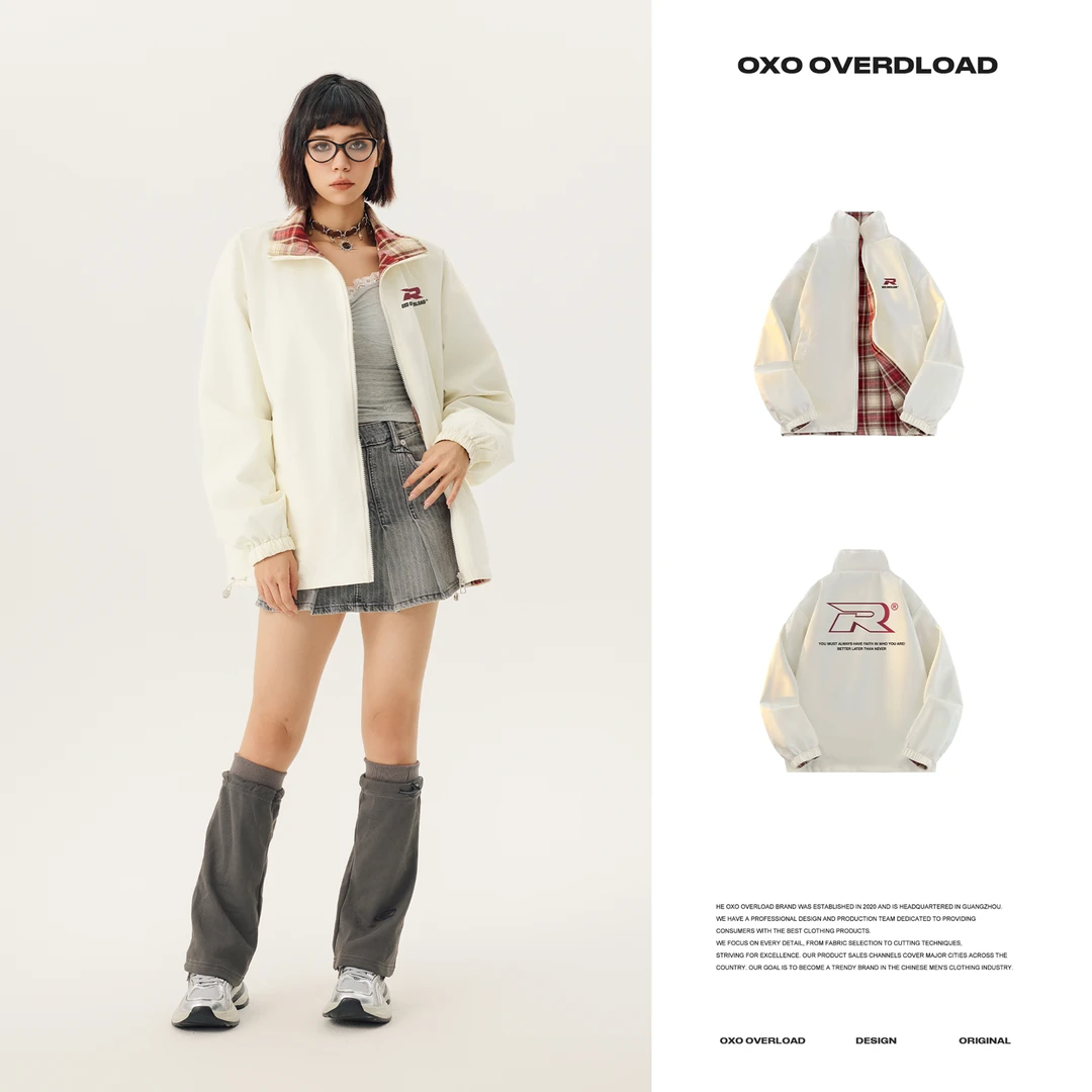 OXO OVERLOAD美式复古双面穿格子印花撞色外套立领宽松飞行服夹克