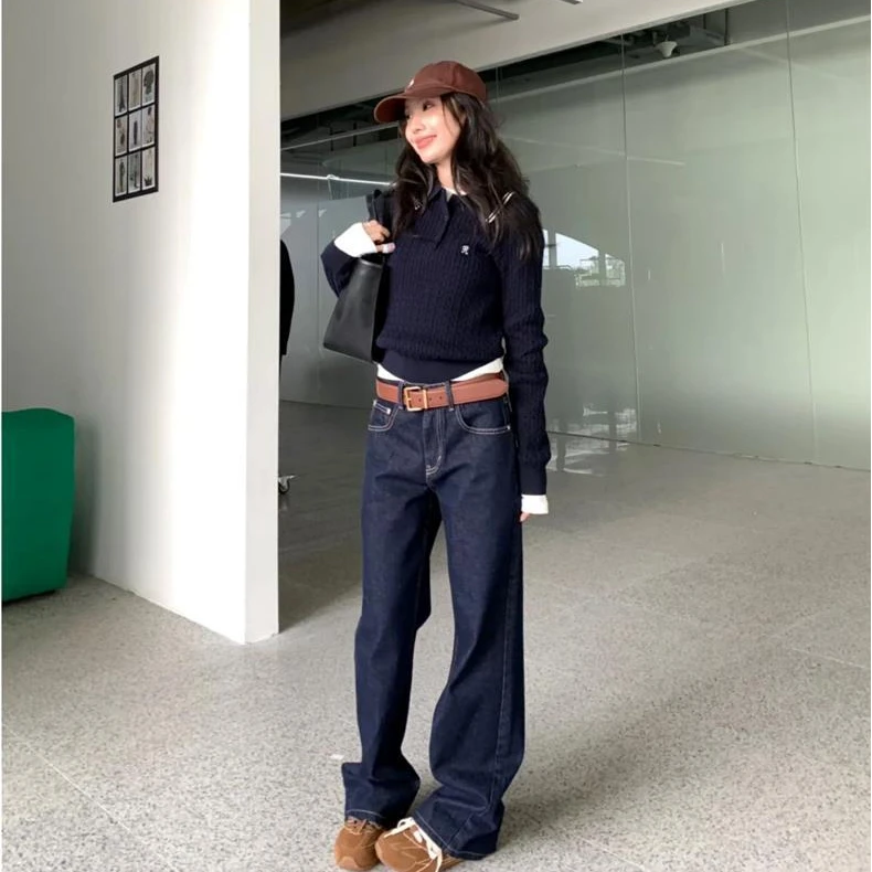 美式复古深蓝色水洗窄版直筒牛仔裤女春季高腰显瘦百搭垂感阔腿裤