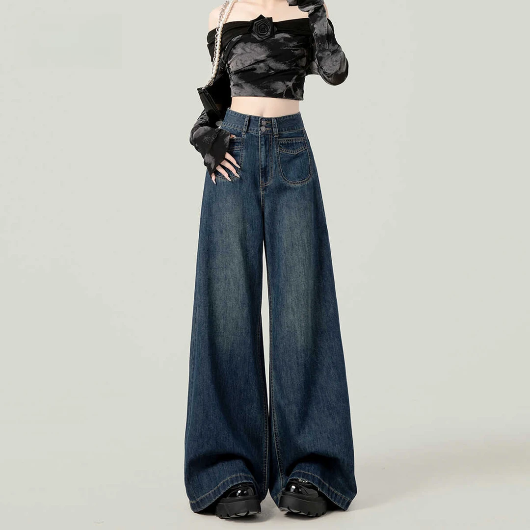 秋冬新款复古小个子垂感宽松拖地长裤子百搭高腰显瘦阔腿牛仔裤女