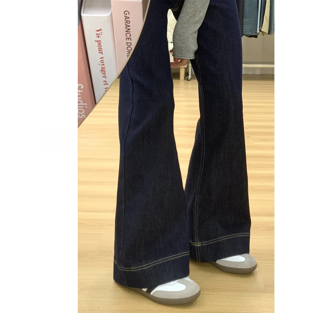 深蓝色丹宁微喇牛仔裤女2025秋冬新款直筒小个子高腰马蹄喇叭裤