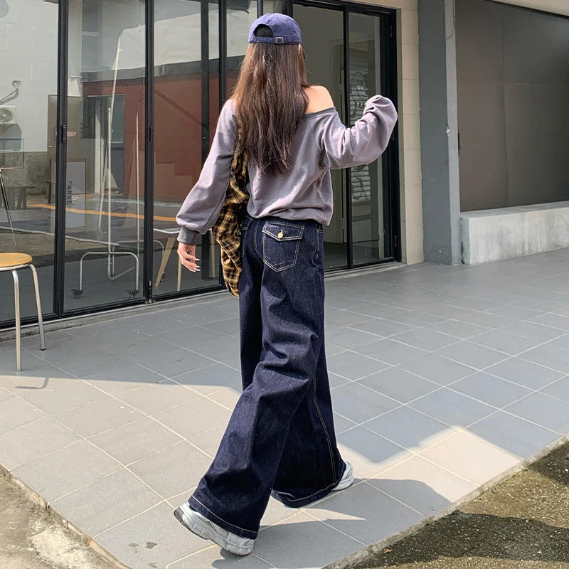 翻盖口袋美式原色防掉色牛仔裤子春季新款复古高腰直筒显瘦阔腿裤