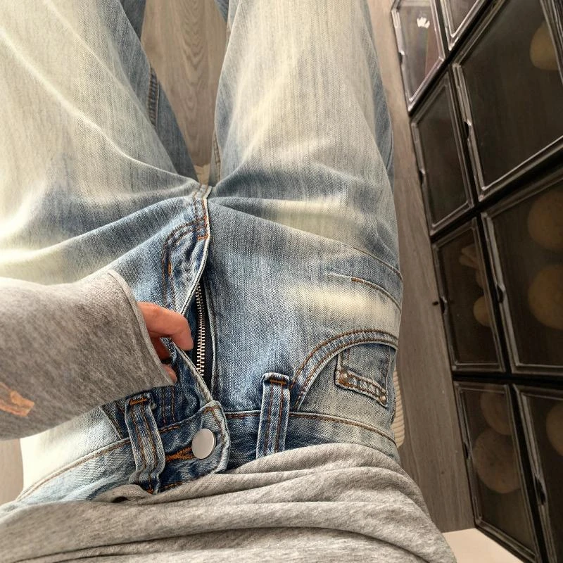 2025秋冬新款浅蓝色水洗做旧高腰垂感裤设计感刺绣宽松直筒牛仔裤