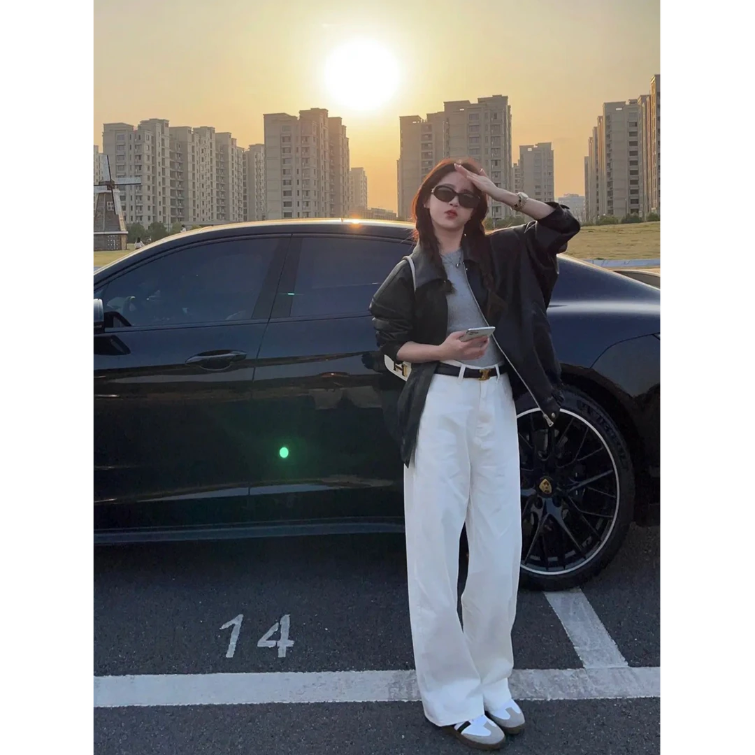 高级感白色裤子女2025新款爆款直筒裤潮牌美式高腰牛仔裤春季长裤