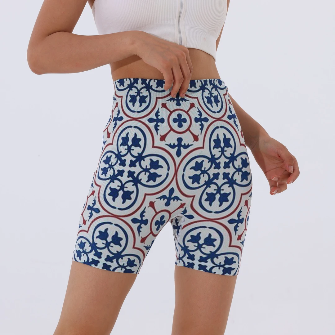 印花瑜伽短裤蜜桃提臀健身裤裸感紧身运动高腰女士五分裤