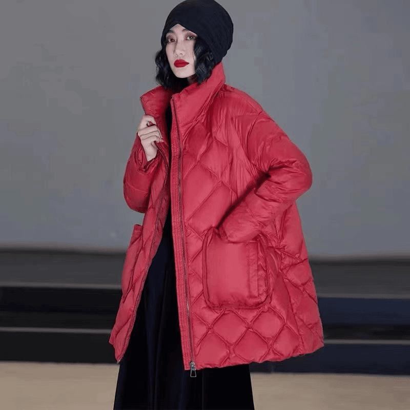 波斯韩版宽松小心机口袋设计羽绒女中长款菱格压线工厂直销