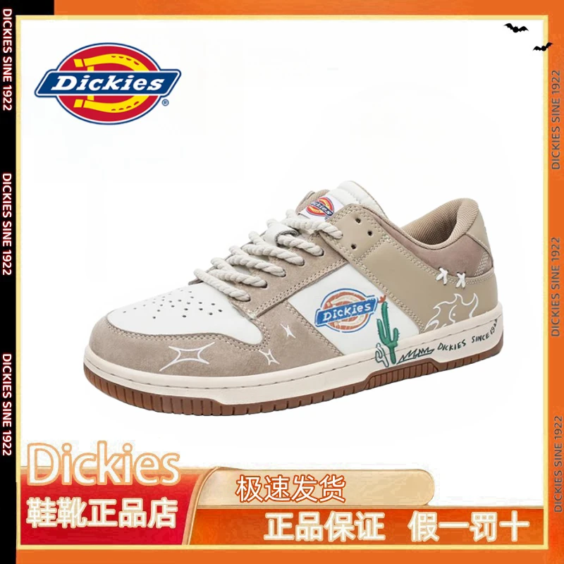 Dickies白卡其色板鞋男四季透气低帮男鞋小白鞋腰果花涂鸦运动鞋
