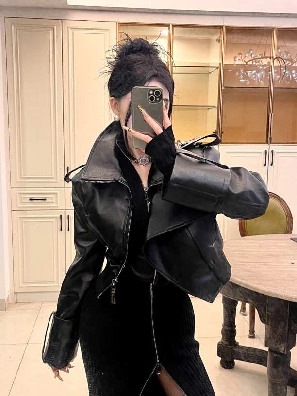 美式辣妹风大翻领拉链机车皮夹克短外套荔枝皮设计3112