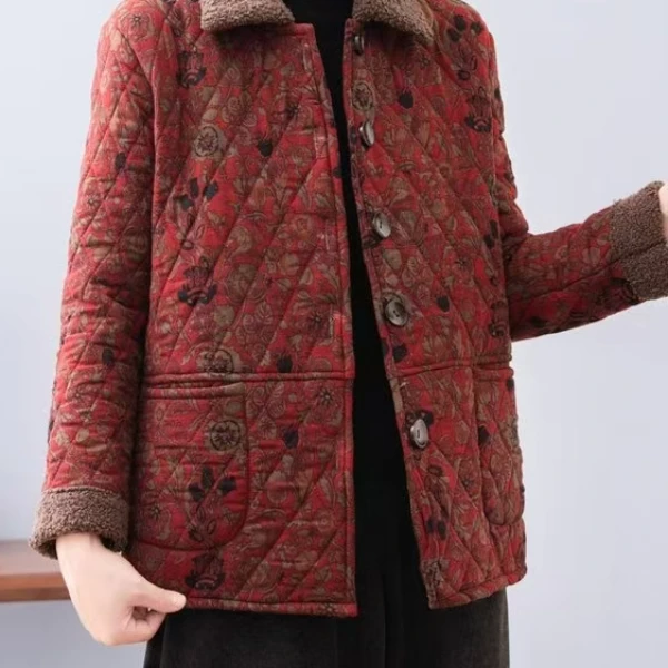 2024新款加绒外套冬季翻领妈妈装女士开衫外套时尚休闲百搭宽松