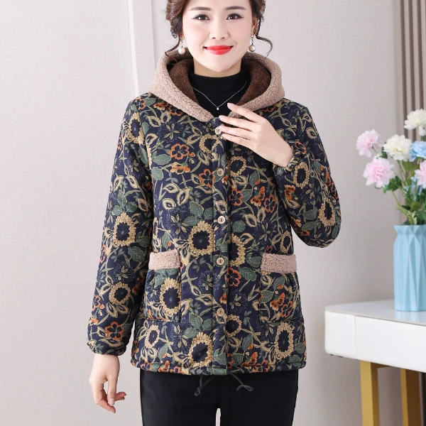 新款加绒保暖外套冬季翻领妈妈装女士开衫帽外套时尚休闲百搭宽松