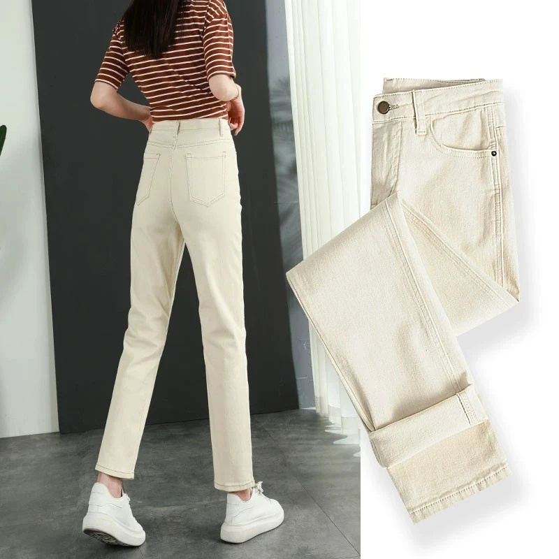 高腰宽松直筒牛仔裤女款2025冬季加绒显瘦九分爆款修身弹力烟管裤