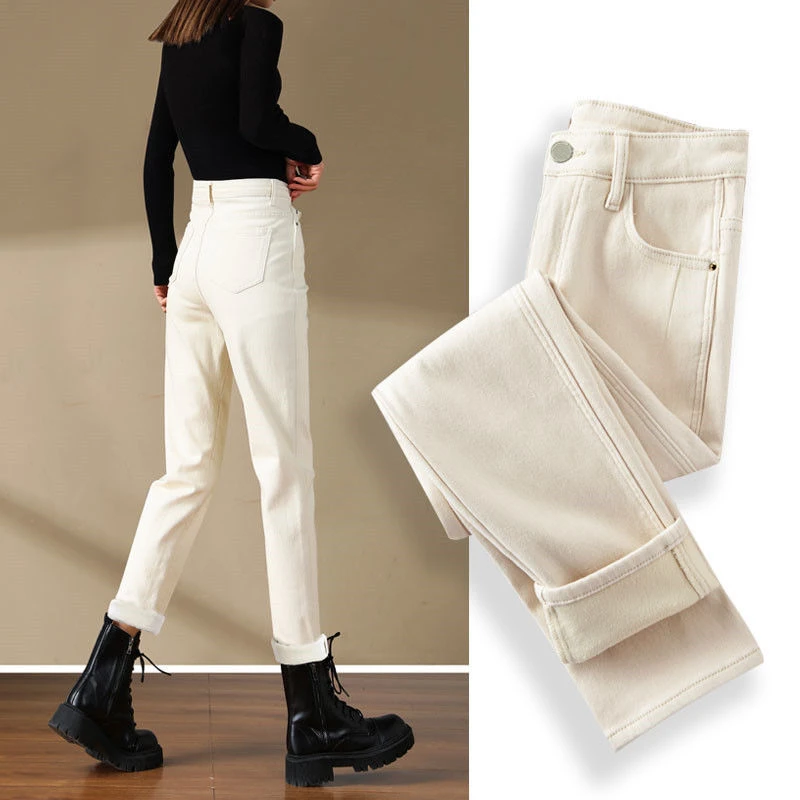 米白色窄版直筒牛仔裤2025冬季新款加绒加厚高腰宽松外穿烟管裤子