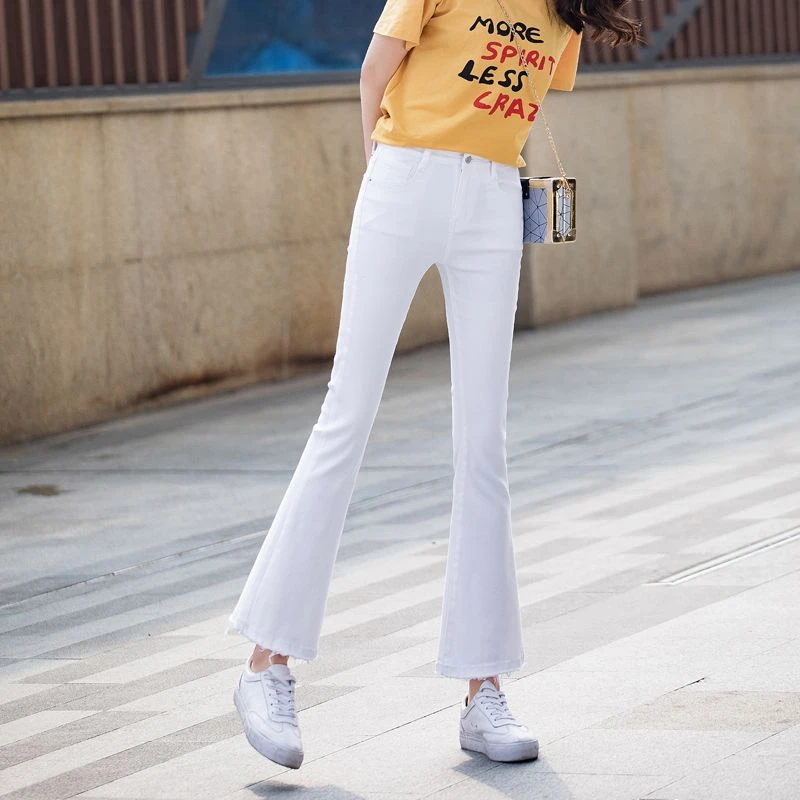 白色微喇叭牛仔裤女高腰显瘦秋季百搭弹力修身小个子毛边喇叭裤子