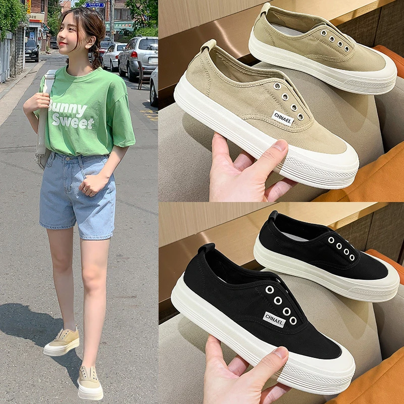 2025夏新款透气帆布鞋女ins潮超火韩版板鞋两穿一脚蹬厚底渔夫鞋