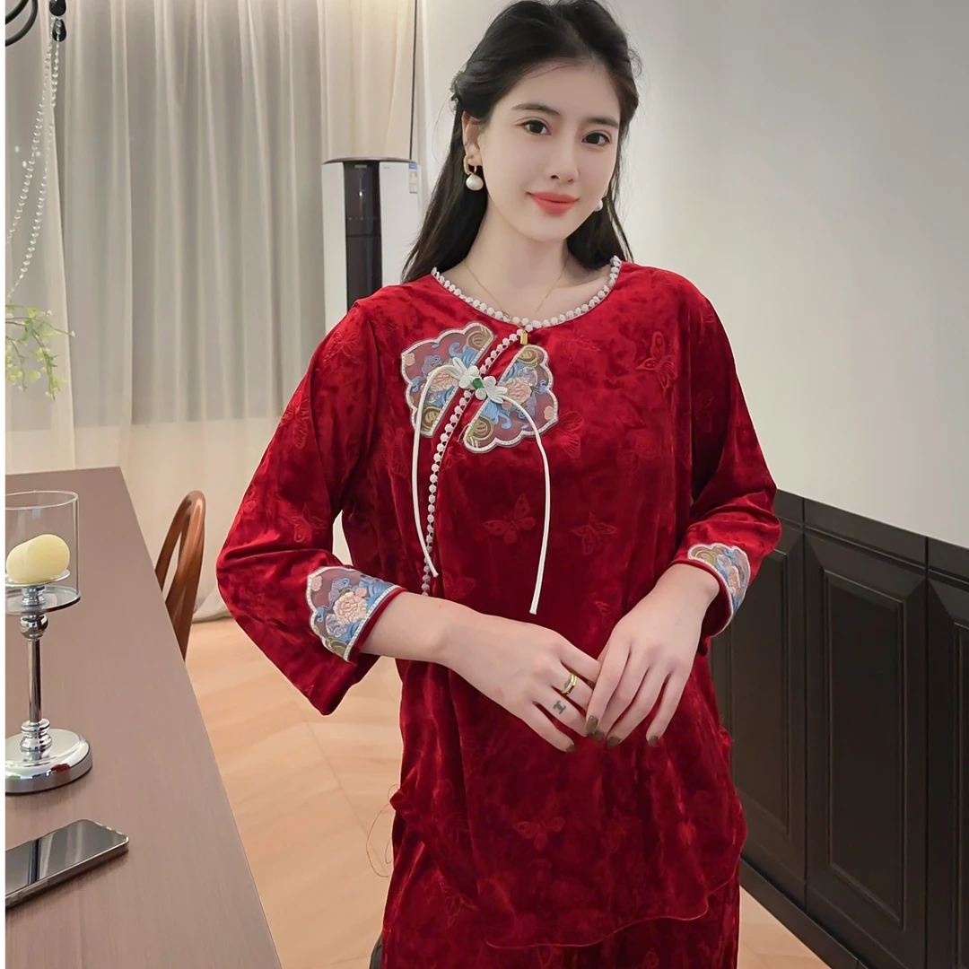【李北北】金钻绒睡衣气质网红新中式女士提花宽松长款家居服#1013