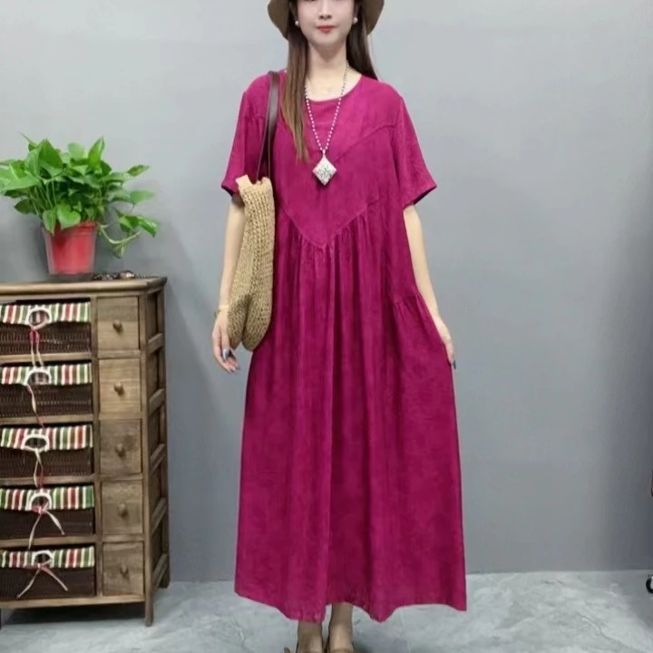 3359夏季新款清凉气质时尚复古遮肚宽松女显瘦百搭圆领休闲连衣裙