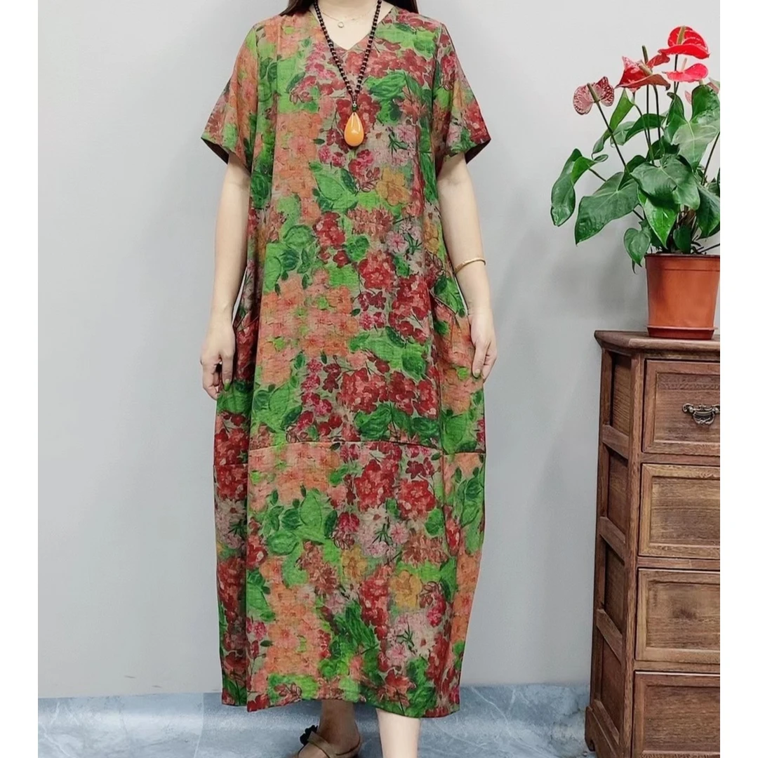 1027新款夏季短袖宽松韩版V领休闲显瘦时尚长款连衣裙ZQ