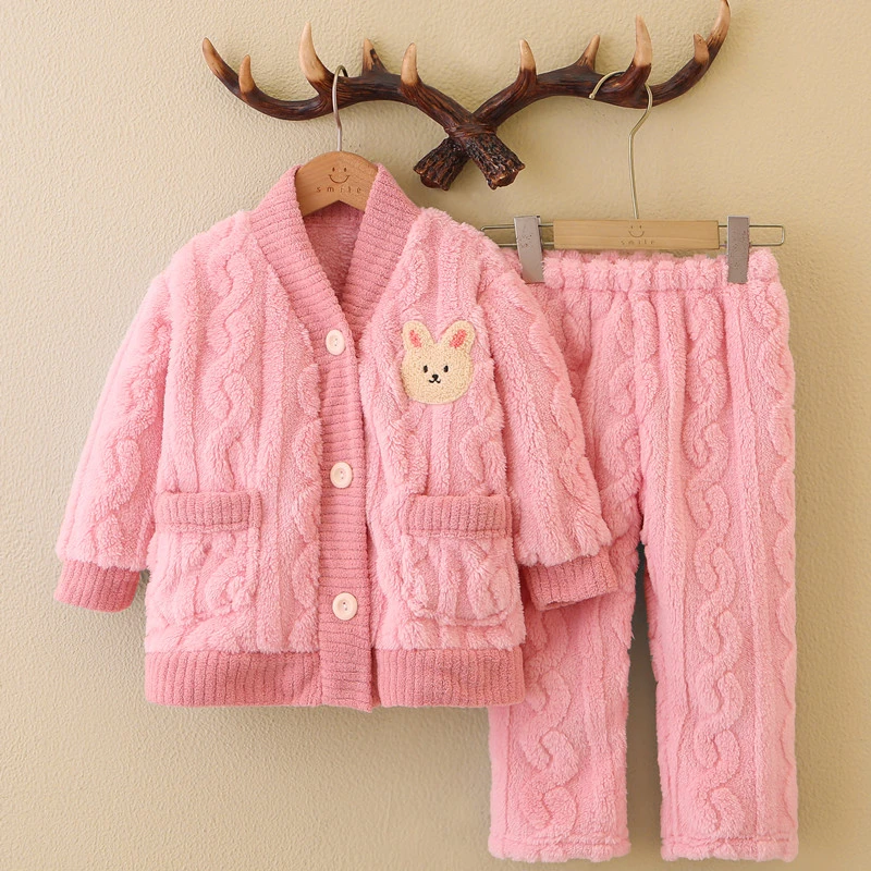 儿童法兰绒秋冬睡衣女童男童珊瑚绒套装男孩女孩宝宝亲子装家居服