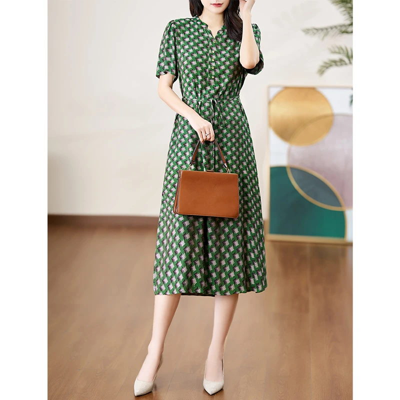 迪欧芙2024新款复古法式气质连衣裙女高级显瘦短袖裙子#XLQ16842