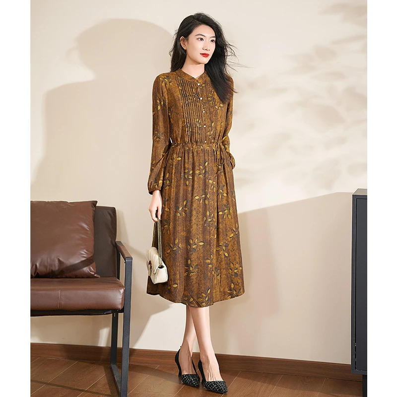 迪欧芙花色优雅云锦连衣裙2025春季新款百搭显瘦裙子女#QLQ17245