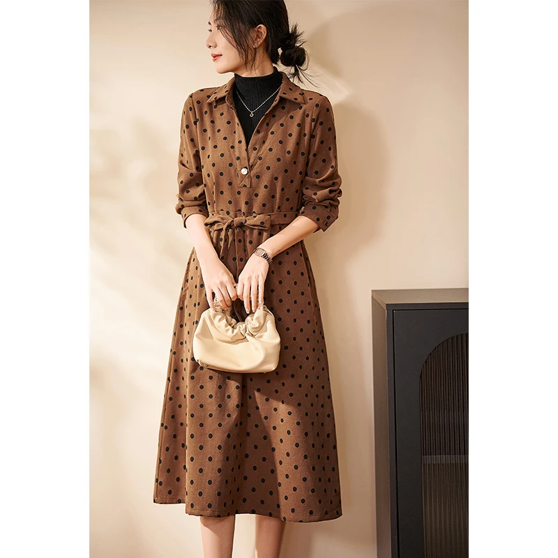 迪欧芙假两件气质连衣裙2024秋季新款波点奢华显瘦裙子#QLQ87159