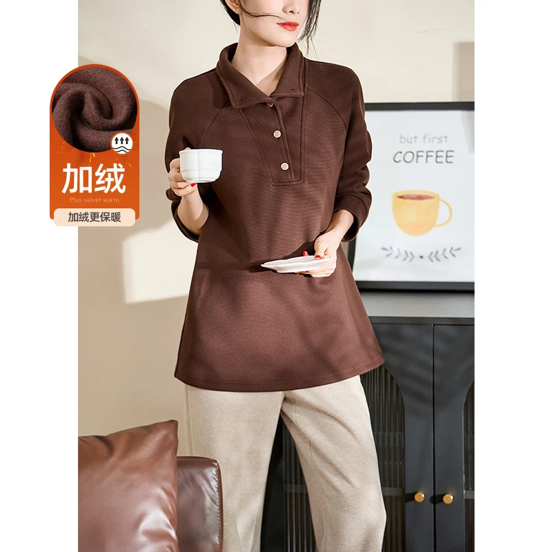 迪欧芙洋气百搭加绒上衣2024秋冬新款遮肉显瘦保暖卫衣#DSY17580