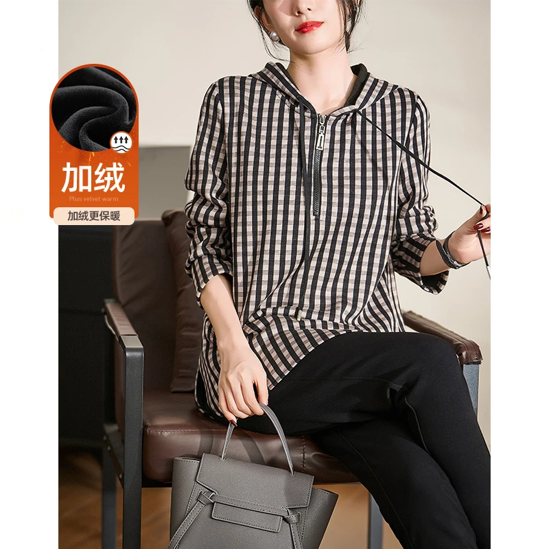 迪欧芙格子时尚百搭上衣2024秋冬新款休闲加绒保暖卫衣#DSY17577