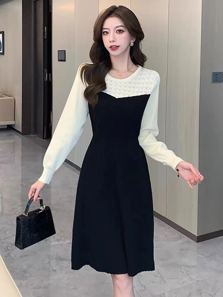 慕慕淑女假两件拼接内搭打底连衣裙修身显瘦长袖A字连衣裙#8121
