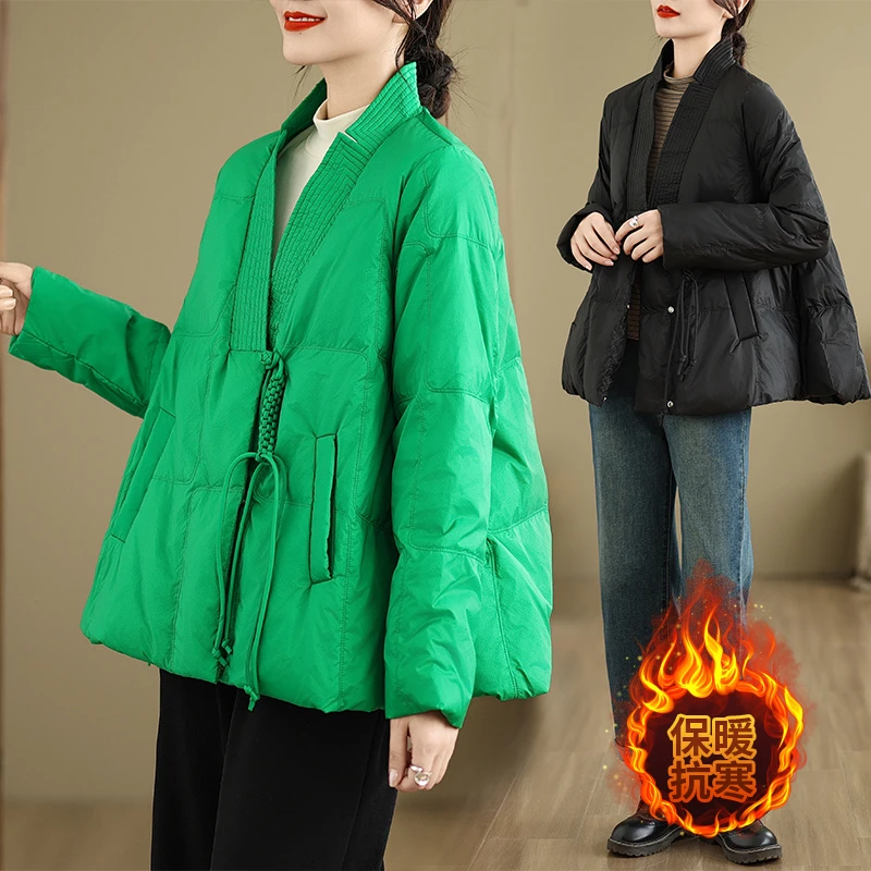 冬季新款纯色韩版中国风仿羽绒棉衣女大码宽松显瘦夹棉保暖上衣